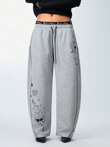 Rick and Morty X SHEIN Women's Drawstring Waist Pocket Tapered Casual Pants, - Light Grey - View 1