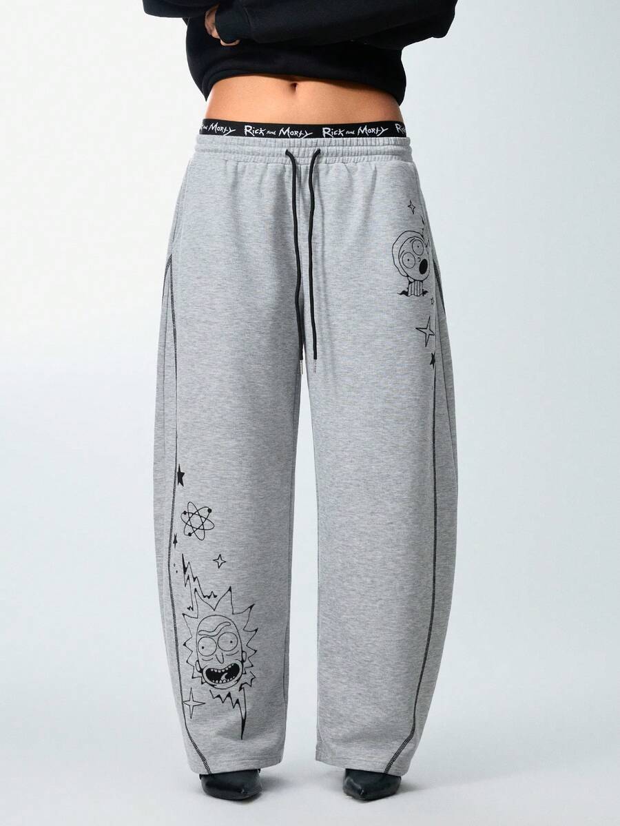 Rick and Morty X SHEIN Women's Drawstring Waist Pocket Tapered Casual Pants, - Light Grey - View 1