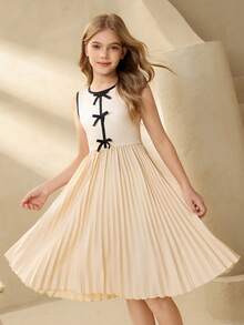 Tween Girl Butterfly Decor Pleated Hem Sleeveless Dress Girls Pleated Dress Tween Girl Church Dress Tween Neutral Dress Nude Dress For Tweens Sleeveless Dress Young Girl Teen Girl Collar Dress Collared Dress Young Girl Beige Dress For Girls Clothes For Girls 13 14 Girs Dress Cute Dresses For Girls - Beige - View 7