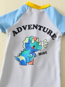 SHEIN Baby Boy Summer Casual Vacation Dinosaur Pattern Color Block One-Piece Swimsuit & Shorts, Suitable For Beach, Hot Spring, Swimming Pool - Multicolor - View 6