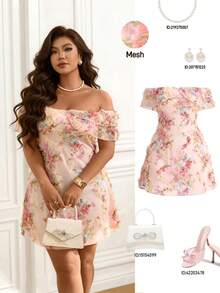 Femmeverse 新款优雅浪漫荷叶边露肩修身A字3D立体花卉雪纺迷你连衣裙 - 彩色 - 查看 1