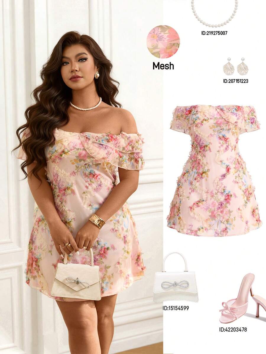 Femmeverse 新款优雅浪漫荷叶边露肩修身A字3D立体花卉雪纺迷你连衣裙 - 彩色 - 查看 1