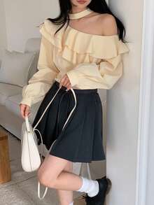 DAZY Women's Tie-Up Off-Shoulder Korean Style Ruffle Trim Blouse - White - View 7