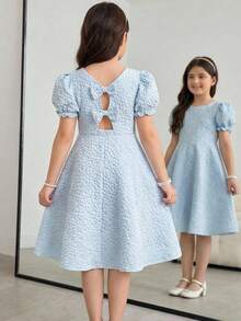 SHEIN Tween Girl Elegant Petal Sleeve Bow Decor Jacquard Fabric Dress Tween Girl - Baby Blue - View 6