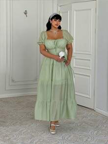 Lyrianda Đầm dáng rộng, bèo nhún kiểu Pháp, thắt nơ, thích hợp mặc mùa xuân/hè. - màu xanh lá - Xem 6