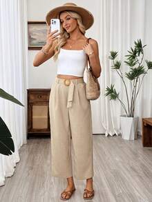 SHEIN Holidaya 女士休闲亚麻质感收腰直筒裤，春夏款 - 卡其色 - 查看 4