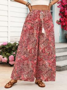 SHEIN Holidaya Women's New Pink Tone Retro Floral Print Wide-Leg Pants - Elastic Waist Drawstring Tassel + Ruffled Hem, Bohemian Vacation Style / Daily Casual High-Waist Drapey Trousers - Multicolor - View 5