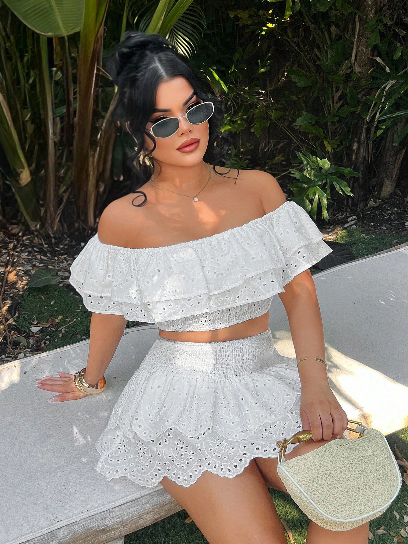 Sxy Off Shoulder Ruffle Trim Blouse For Beach Vacation,Summer ,Vacation,Beach