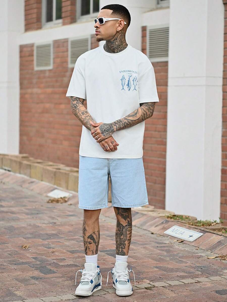 Devon Thys 男士休闲阔腿牛仔短裤,夏季纯色牛仔短裤宽松浅蓝色牛仔短裤,适合老公、男朋友的礼物 - 淺色水洗藍 - 查看 1