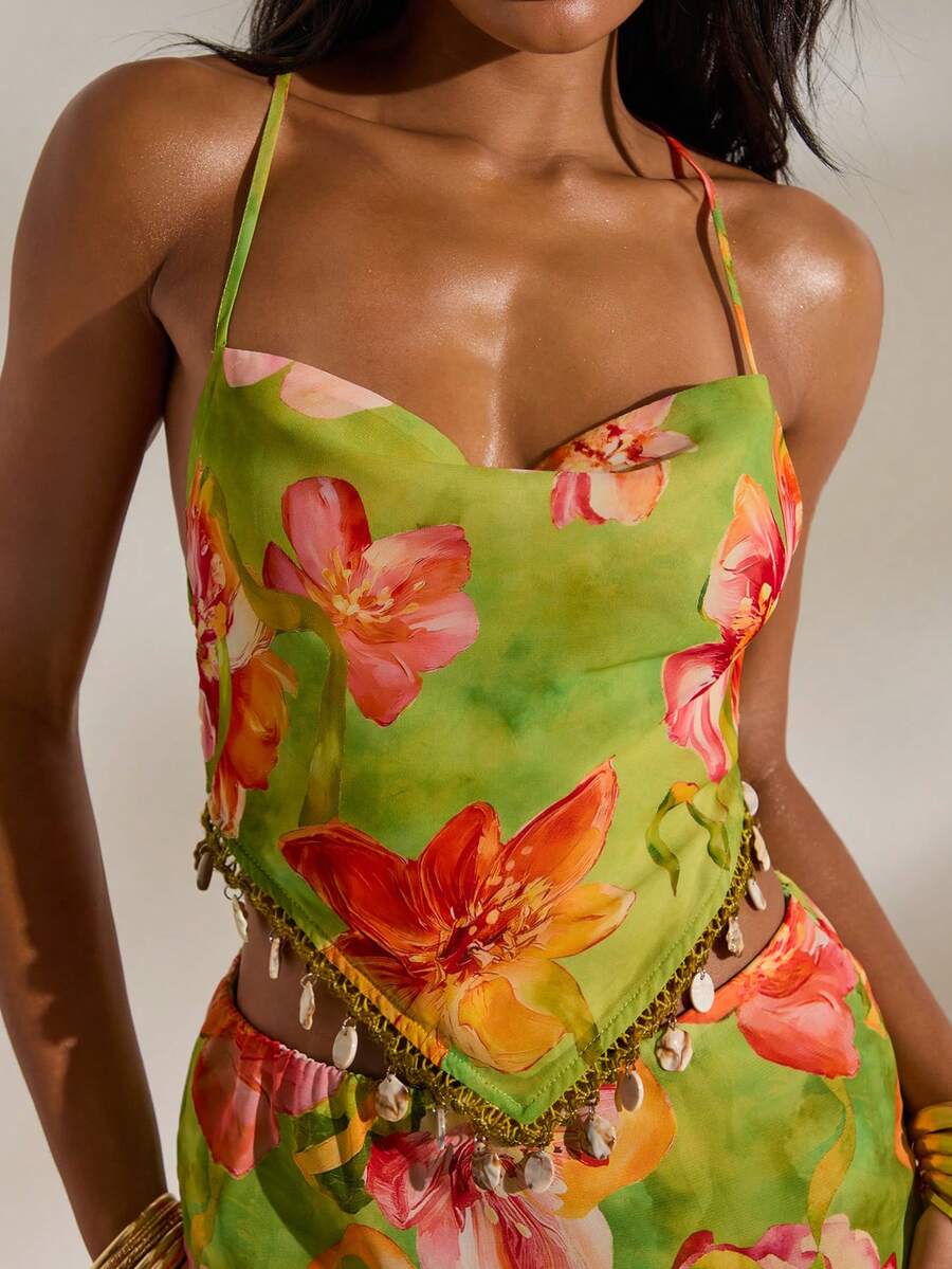 Opulessa 女士印花露背吊带衫，适合春夏度假穿着 - 綠色 - 查看 1