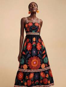 Travachic Váy hai dây in hoa phong cách thường ngày cho kỳ nghỉ - màu đen - Xem 3