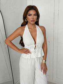 Slaydiva New Early Spring, Spring And Summer Music Festival, Valentine's Day, Easter, Bohemian Style, Casual And Simple Basic Style, Cruise Party, Casual Vacation, Elegant Commuting, V-Neck, Revealing Front Piece, Lace-Up, Large Backless, Fluttering Piece Top + Wide-Leg Pants, Super Long Pants, Loose Fit, White Pleated Fabric Women's Two Pieces Set -A - White - View 6