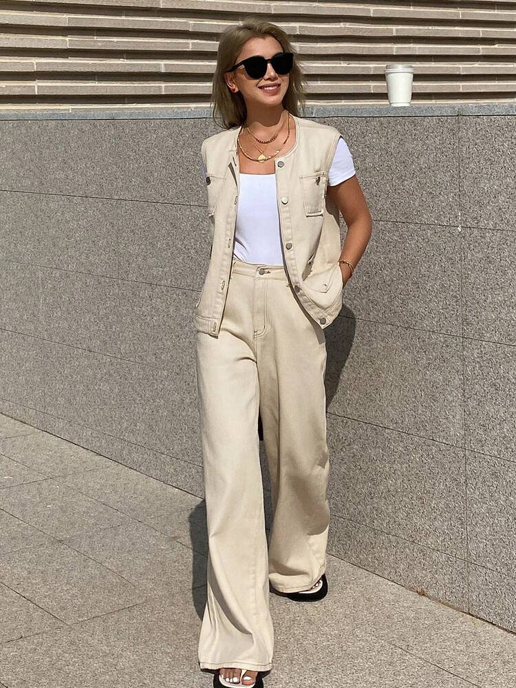 Women's Round Neck Sleeveless Pocket Decor Open Front Denim Top And Loose Wide Leg Jeans Casual Washed Denim Set