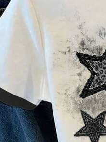 少女休闲简约五角星印花图案T恤，朋克风修身圆领短袖露脐常规款T恤，适合夏季穿着 - 彩色 - 查看 4