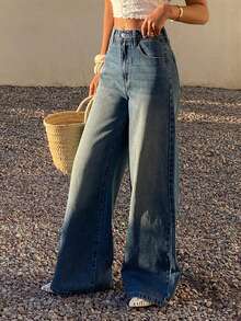 DAZY Jeans rectos de cintura media holgados, estilo casual de ciudad y calle Y2K para mujer - Azul lavado medio - Ver 5