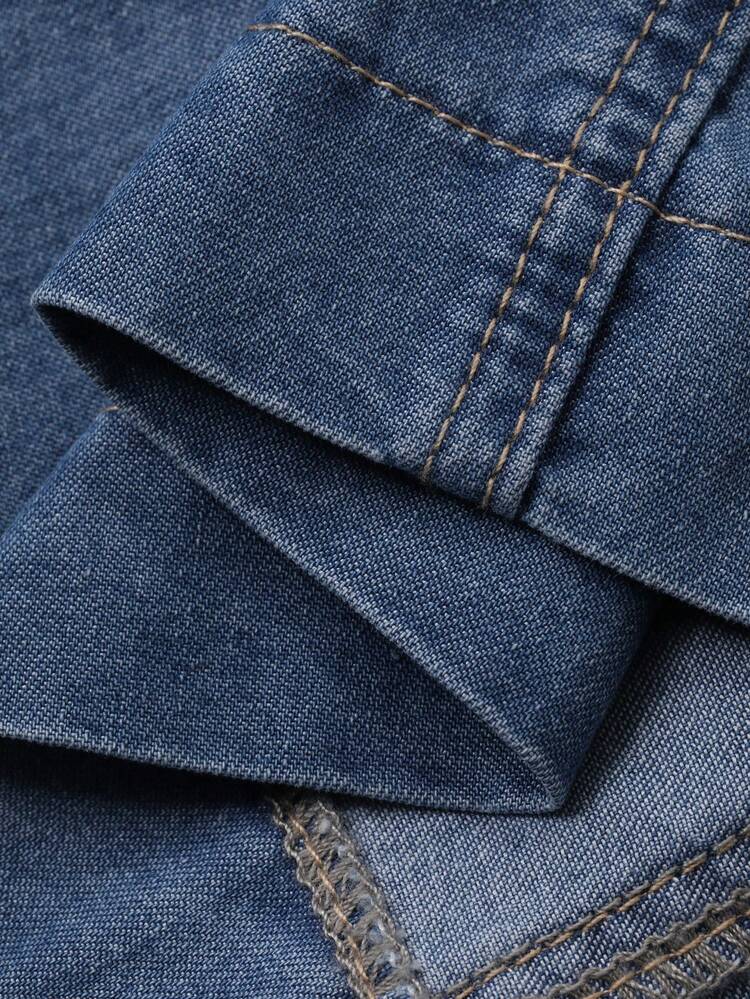 Women's Frill Trim Palace Style Denim Shirt And Long Denim Skirt Elegant Denim Set