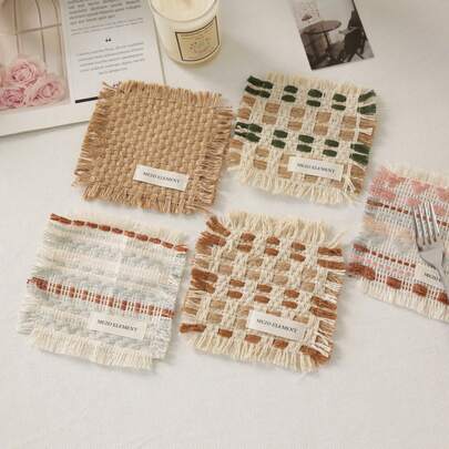 Cirelle 费尔岛风格流苏杯垫 - 手工编织方形杯垫，北欧风下午茶餐桌装饰