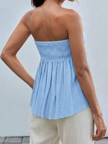 SHEIN EZwear 女士时尚纯色抹胸A字上衣，女士休闲荷叶边下摆，褶皱细肩带修身蓝色人造丝纯色衬衫，春夏，派对/夜店装 - 藍色 - 查看 2