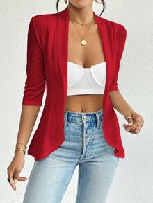 Firerie Quý cô Phù hợp thường Mở Mặt trước 3/4 tay áo Áo khoác - Đỏ - Xem 9