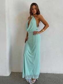 Aloruh 女士春夏新款纯色薄荷绿超长摆裙，深V领度假连衣裙，约会连衣裙，金属扣装饰，女士长裙 - 薄荷綠 - 查看 9