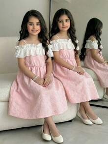 SHEIN Elladie kids 1 pieza Vestido casual de gasa con hombros descubiertos y volantes con diseño de cuentas ajustable para niña preadolescente, vestido de princesa simple y elegante para salidas y vacaciones, color rosa - Rosa - Ver 3