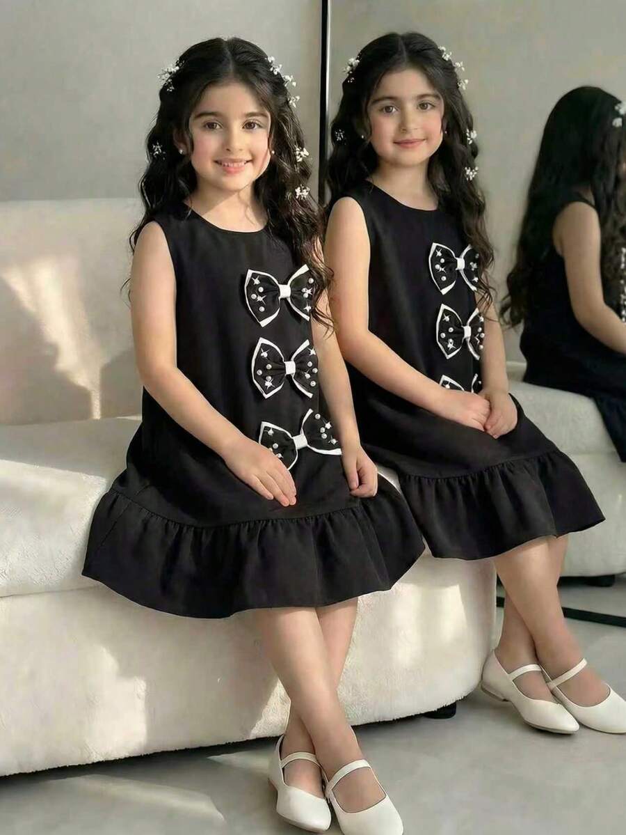 Elladie kids 1pc Girls' Summer New Black Round Neck Sleeveless A-Line Ruffle Hem Bowknot Pearl Decor Elegant Cocktail Party Princess Dress - Black - View 1
