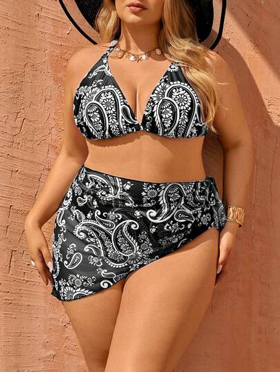 Swim Vcay Plus Size Women's 3-Piece Bikini Set With Mesh Skirt, Digital Floral Print, Adjustable Halter Neck, Suitable For Beach, Party, Vacation