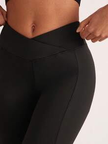 Easithlete 女式 V 形交叉腰带瑜伽紧身裤，女式喇叭腿，高腰喇叭裤，阔腿瑜伽裤，弹力工作裤，适合健身、运动、跑步、骑行、瑜伽、泡菜球运动、休闲 - 黑色 - 查看 3