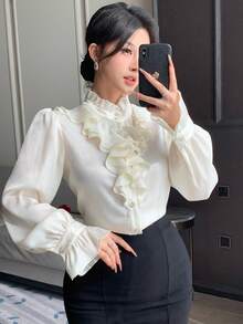 DAZY Women's Stand Collar Ruffle Trim Fashionable Versatile Long Sleeve Blouse - White - View 8