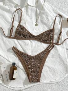 Swim SXY 2pcs Sexy Beaded Micro Bikini Top And V-Cut Hollow Out Triangular Bottoms Swimwear Set - Multicolor - View 2