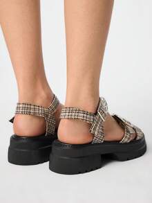 ROMWE Women's Summer Open Toe Dark Rock Punk Goth Roman Beach Sandals, Star Strap Platform Wedge Sandals Spring Shoes Spring Break Easter, Halloween For Christmas 2000s Style Summer Shoes - Black and white grid - View 5
