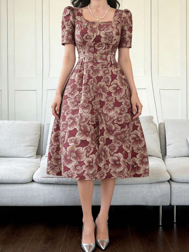 Women's Jacquard Pleated Elegant Waist Cinched Long Party Dress Sundress Summer