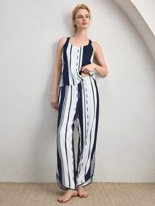 Ocili 女士缎面渐变条纹宽松吊带背心和长裤睡衣套装 - 藍白色 - 查看 4