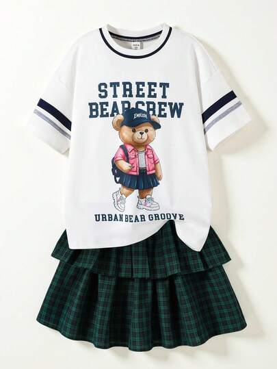 Casuvi Kids KIDS Girls' Graphic Tee & Plaid Skirt 2-Piece Set, Round Neck Raglan Sleeve Colorblock Striped Retro Bear Print Tee And Casual Plaid Skirt, Summer New Arrival