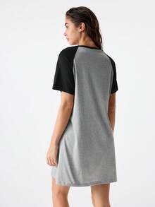 Loungeista Summer Color Block Letter Print Round Neck T-Shirt Sleep Dress Pajama Dressfor Summer - Light Grey - View 2