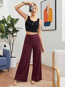 SHEIN Essnce 91%棉罗纹针织弹力腰休闲裤，女士款，适合春夏及度假穿着 - 黑色 - 查看 3