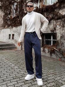 Artur Kramer Men's Striped Loose Pocket Casual Pants Baggy Clothes For Men Mens Navy Pinstripe Pants Mens Navy Blue Pin Strip Pants Mens Pinstripe Baggy Pants - Black and White - View 1