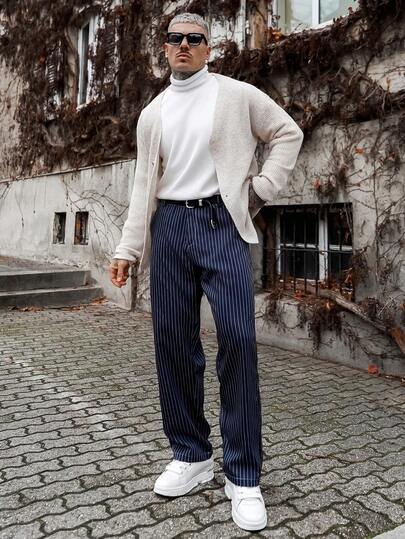 Artur Kramer Men's Striped Loose Pocket Casual Pants Baggy Clothes For Men Mens Navy Pinstripe Pants Mens Navy Blue Pin Strip Pants Mens Pinstripe Baggy Pants