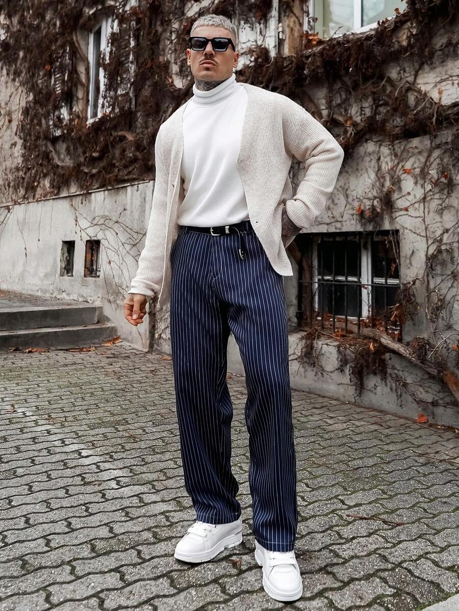 Artur Kramer Men's Striped Loose Pocket Casual Pants Baggy Clothes For Men Mens Navy Pinstripe Pants Mens Navy Blue Pin Strip Pants Mens Pinstripe Baggy Pants - Black and White - View 1