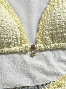 Swim Mod Women's New Textured Fabric Flounce Backless Triangle Bikini Set, Sweet Beach Vacation Swimwear, Spring/Summer - Yellow - View 5