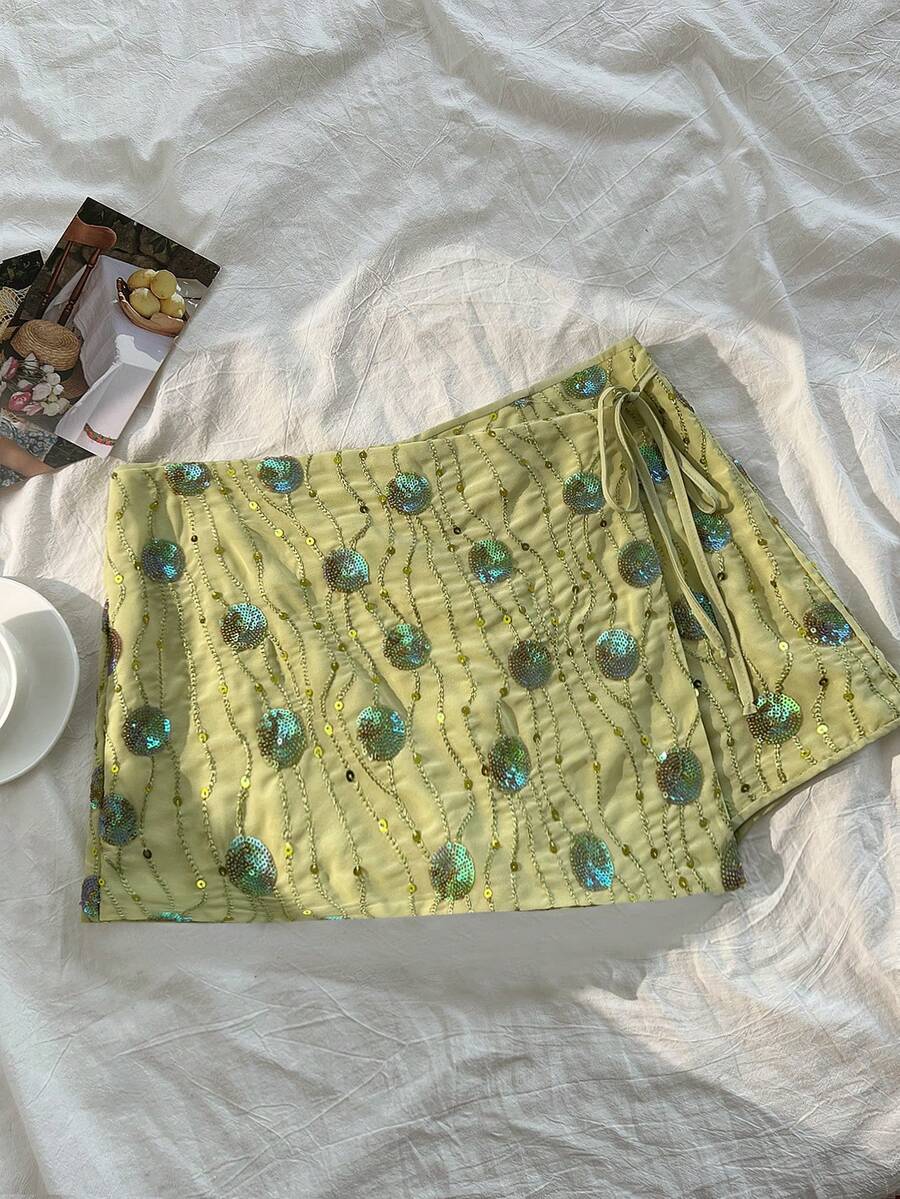 Elamini 女士休闲派对系带短裙，珠绣装饰 - 綠色 - 查看 1