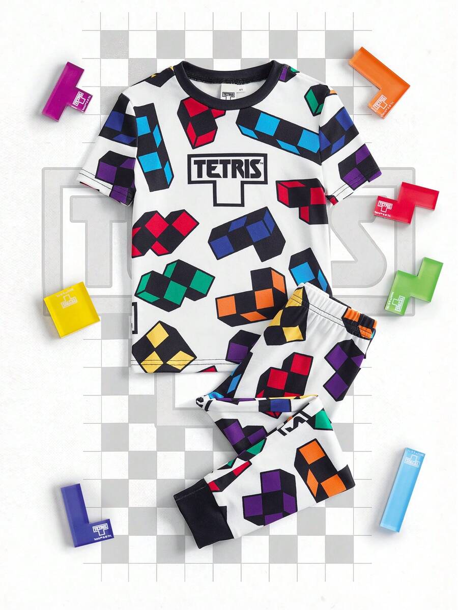 Tetris™ X SHEIN 男童字母几何印花圆领短袖上衣和裤子休闲家居服套装 - 白色 - 查看 1