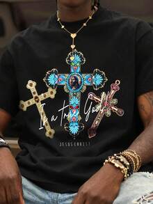 Manfinity EMRG Men's Vintage Faux Jewelry Cross Print T-Shirt, Retro Casual Street Style Tee - Black - View 1