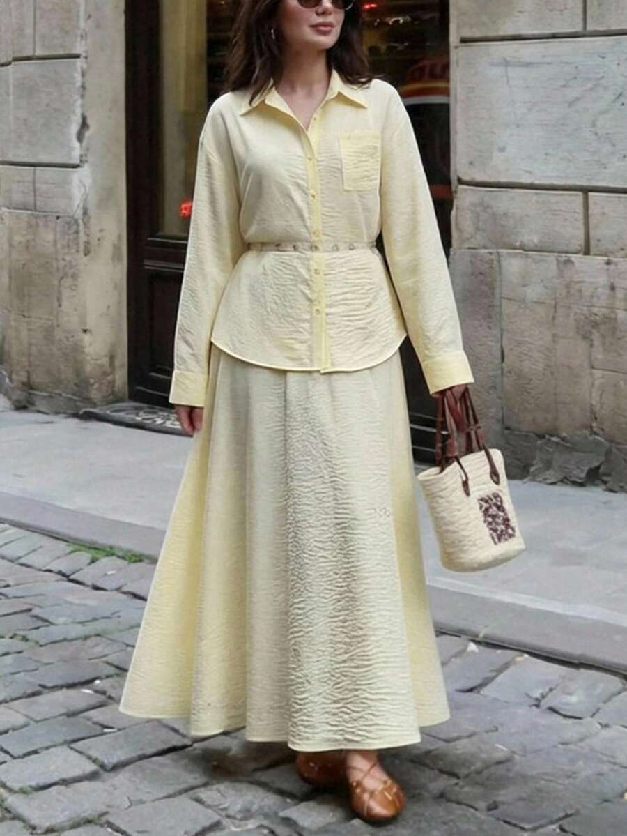 Solavon New Loose Comfortable Casual Daily Versatile Chic 2 Pieces Set - Light Yellow - View 1