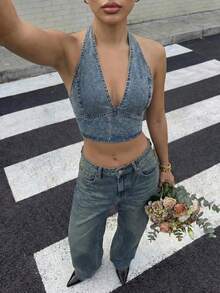 Muchica Áo denim nữ hở lưng cổ yếm kiểu dáng thường ngày - Màu xanh lam - Xem 3