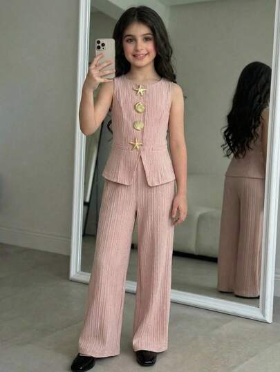 SHEIN Tween Girl Casual Elegant Urban Starfish & Shell Metal Decor Solid Color Halter Top And Pants Set, Woven Suit In Apricot And Khaki