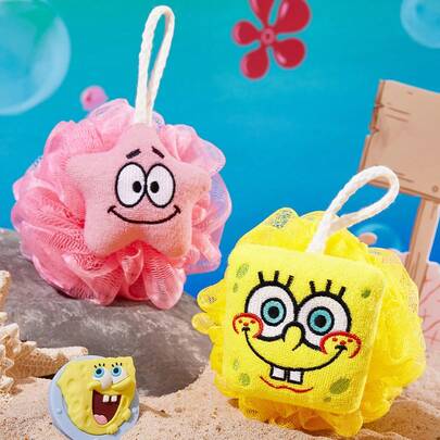 SpongeBob SquarePants | SHEIN 可爱海绵浴球，粉色、黄色，沐浴海绵刷，超柔软起泡网，带挂绳