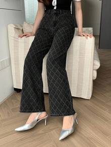 Dazy Tall Jeans rectos y relajados para mujer alta, tela texturizada, uso casual de ciudad - Negro - Ver 6