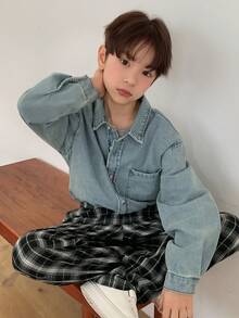 DAZY Tween Boys' Fashionable Drop Shoulder Long Sleeve Button-Up Denim Shirt Spring - Blue - View 7