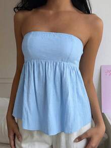 SHEIN EZwear 女士时尚纯色抹胸A字上衣，女士休闲荷叶边下摆，褶皱细肩带修身蓝色人造丝纯色衬衫，春夏，派对/夜店装 - 藍色 - 查看 6